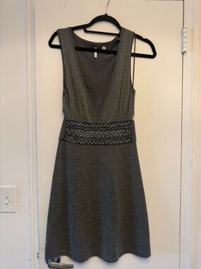 Sleeveless Deep V-Neck Mini Dress with Embellished Waist - Gray